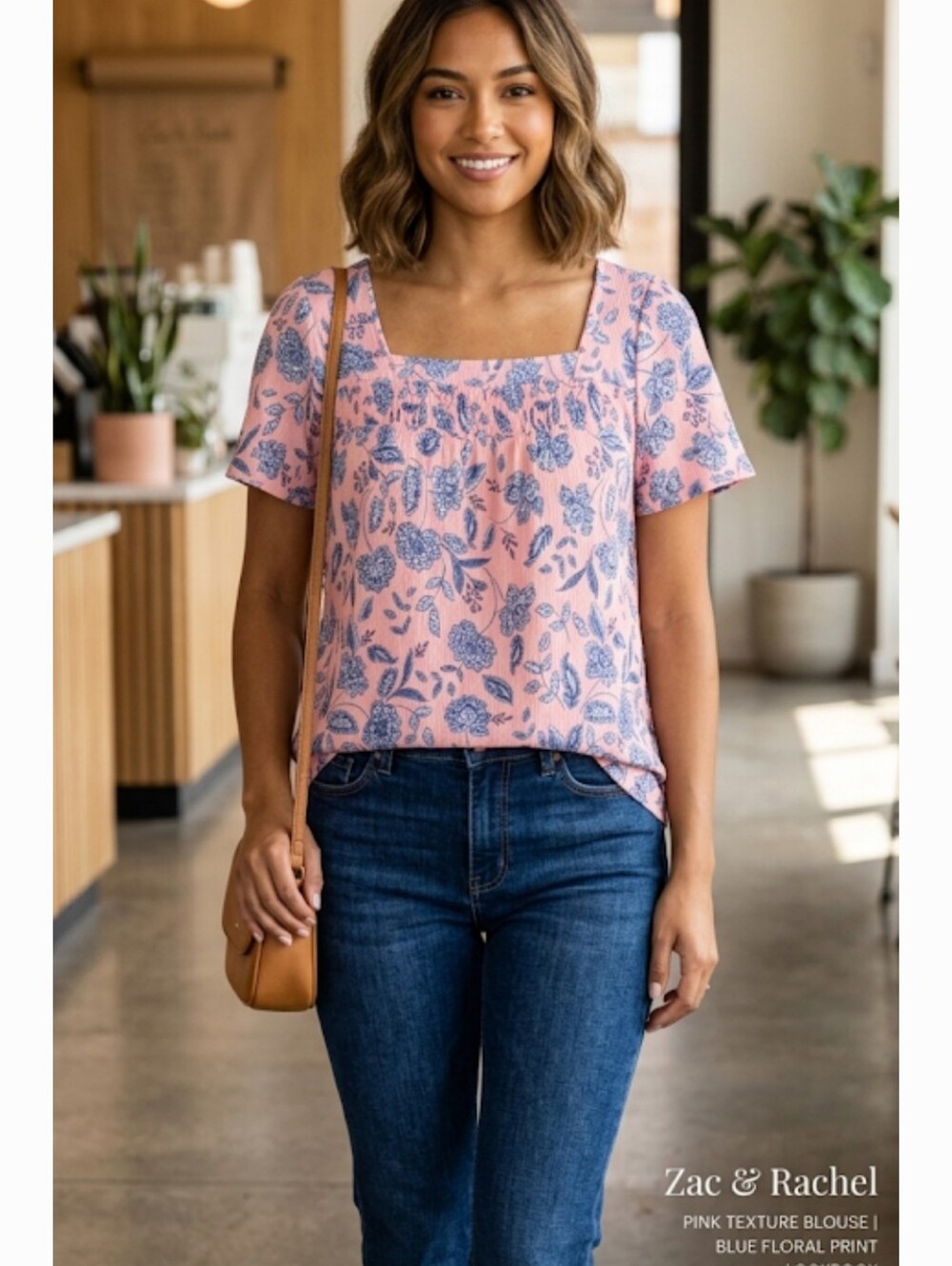 Zac & Rachel Pink Texture Blouse with Blue Floral Print NWOT